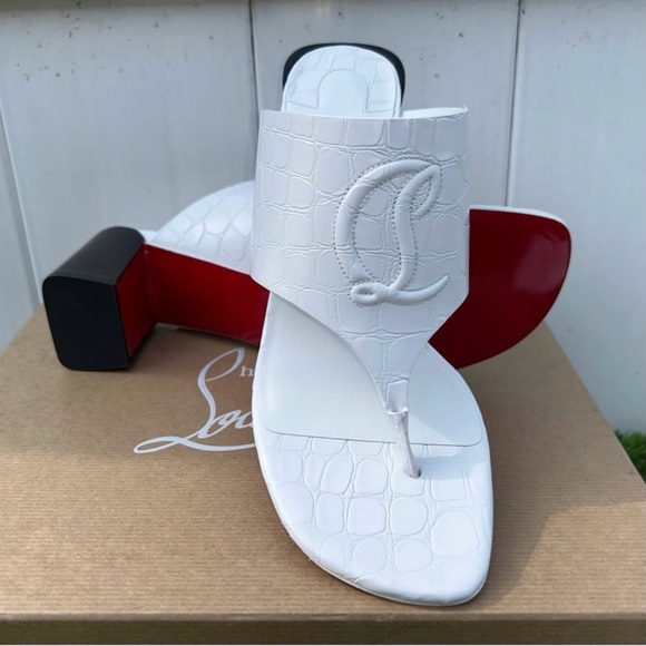 CHRISTIAN LOUBOUTIN CL TONGAMULE 55 SANDALS CL LOGO WHITE CROC LEATHER SZ 39 NEW - Picture 3 of 16